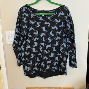 Black and Blue Reindeer Print Long Sleeve Top whimsical soft